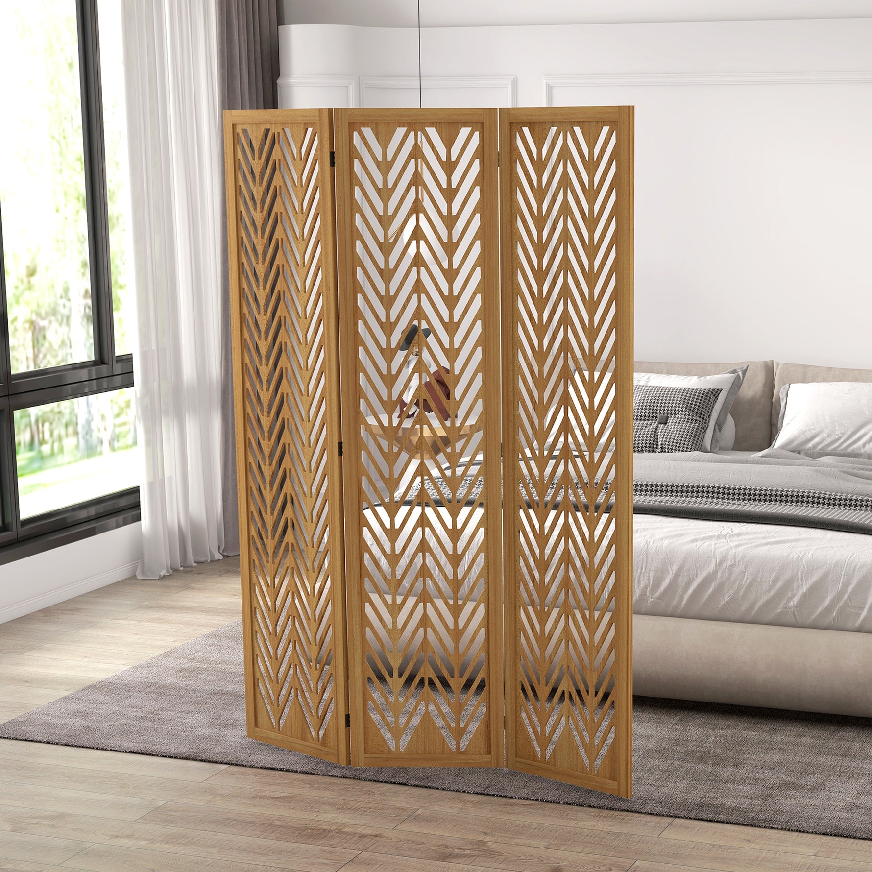 Paravent en bois ajouré séparateur de pièce closion intérieur pliable 3 panneaux en bois 120 x 170 cm naturel