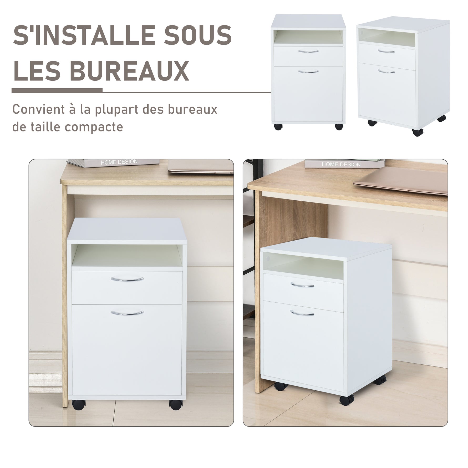 Caisson de bureau rangement bureau sur roulettes tiroir placard niche panneaux particules blanc