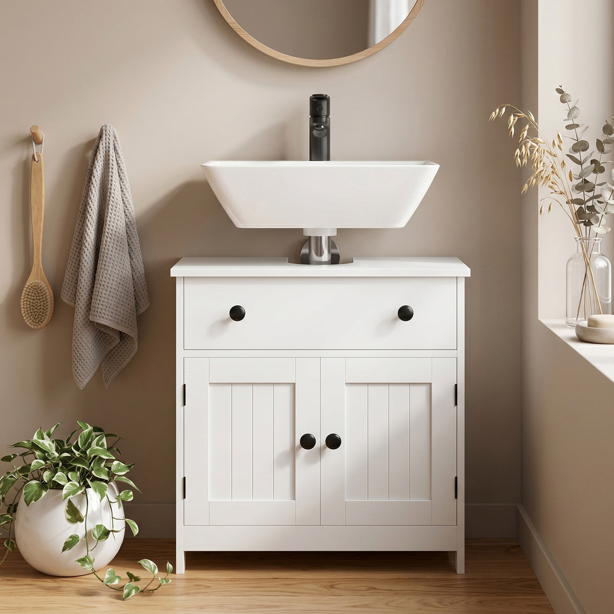 Meuble sous lavabo de salle de bain, meuble moderne sur pied avec charnières à fermeture douce, tiroir, 2 portes, blanc