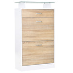Armoire à Chaussures Meuble rangement Chaussures 2 Portes abattantes 2 Compartiments, tiroir, Plateau en Verre - Bois chêne Blanc