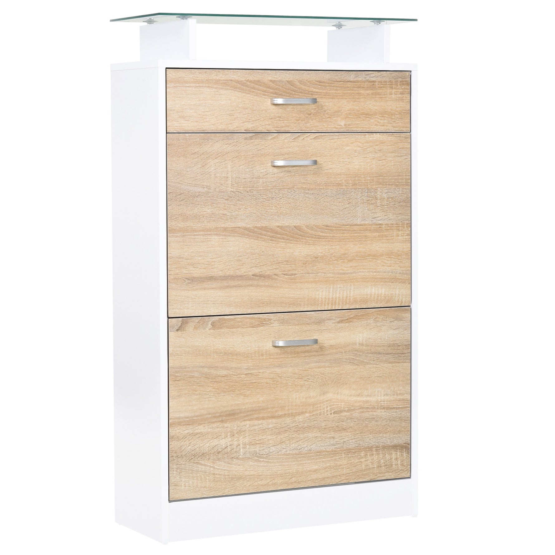 Armoire à Chaussures Meuble rangement Chaussures 2 Portes abattantes 2 Compartiments, tiroir, Plateau en Verre - Bois chêne Blanc