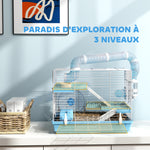 Cage pour hamster portable avec cabane, roue de course, gamelle, bouteille d'eau, 47,5 x 31,5 x 29,5 cm, bleu clair