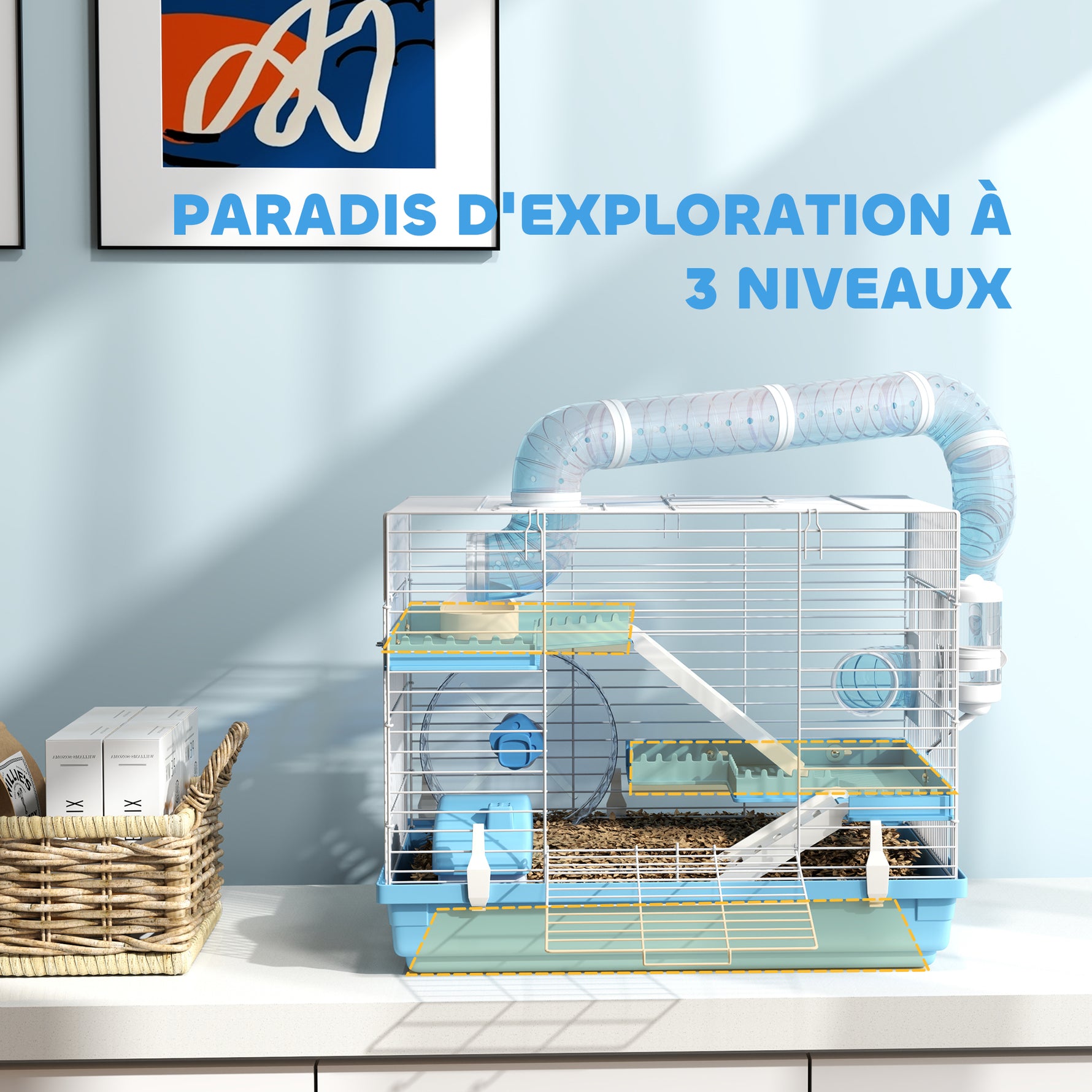 Cage pour hamster portable avec cabane, roue de course, gamelle, bouteille d'eau, 47,5 x 31,5 x 29,5 cm, bleu clair