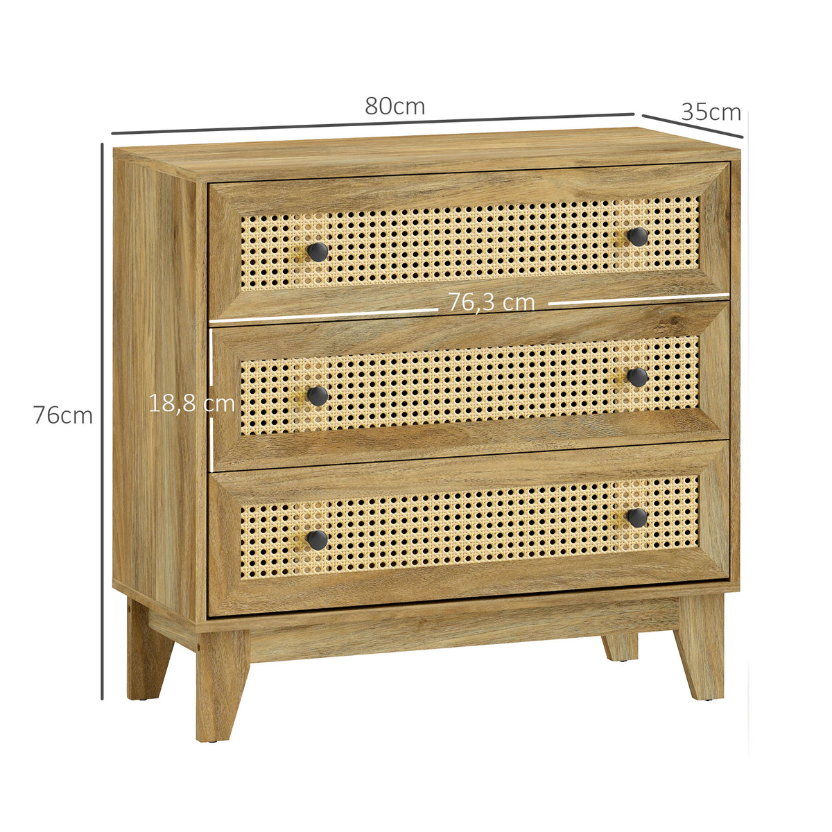 Commode 3 tiroirs meuble de rangement cannage en rotin aspect bois clair 80 x 35 x 76 cm