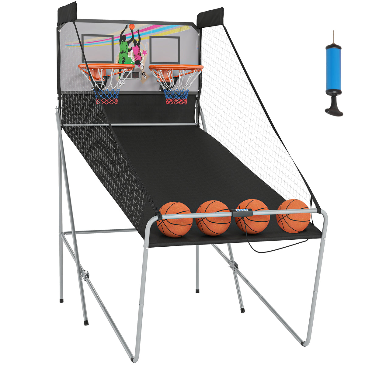 Jeu de basketball arcade pliable à 2 panier 4 balles pompe de gonflage, panier de basketball avec système de pointage, 4 bouton fonctionnement et 8 modes, 205x110x205cm, noir et blanc