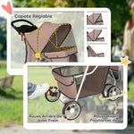 Poussette pour Chien 4 Roues, Chariot Pliable avec Auvent Réglable, Panier de Rangement, 77x44x102cm, Café
