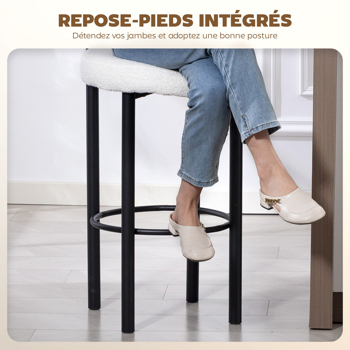 Lot de 2 tabourets de bar, chaises de bar en tissu bouclette avec dossier incurvé, repose-pieds, 50x52,5x98cm, blanc