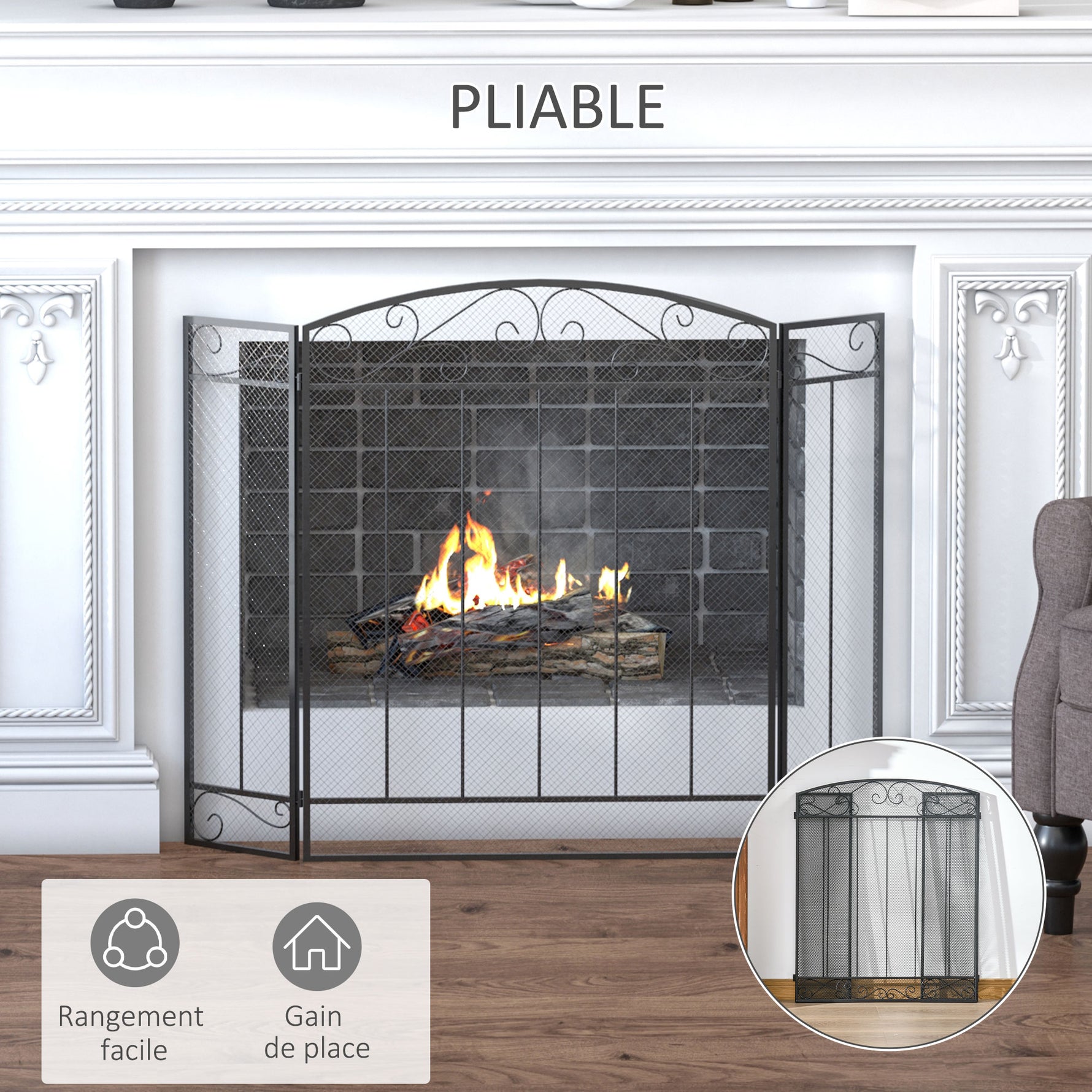 Grille de Protection pour cheminée - Pare-feu Large pour cheminée ou poêle - Pare-étincelles - barrière de sécurité - 3 Volets Pliables - Acier métal Noir