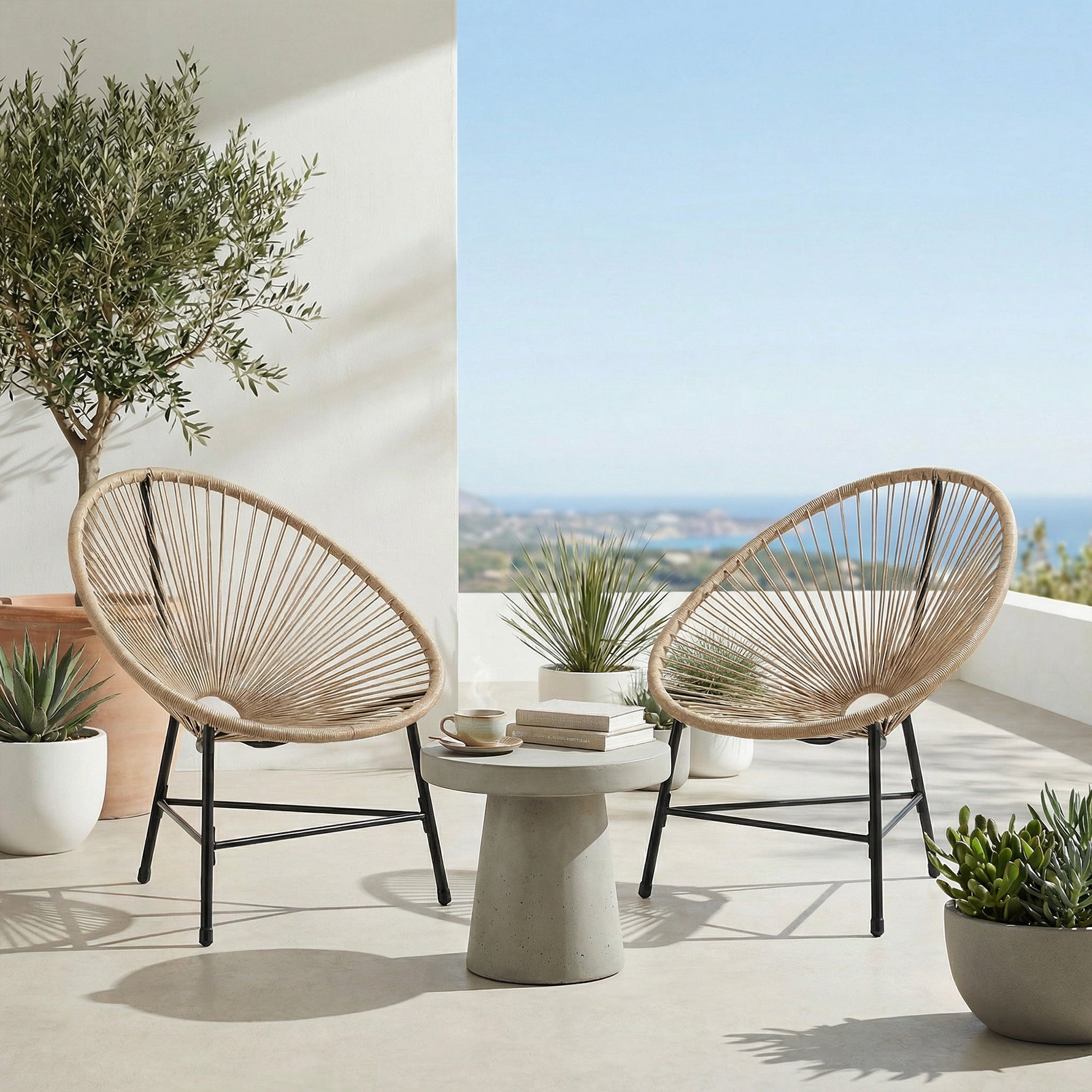 Lot de 2 Fauteuils de Jardin Acapulco Résine Tressée, Structure Triangulaire en Acier, Charge 120 kg, 72x68x81cm, Naturel