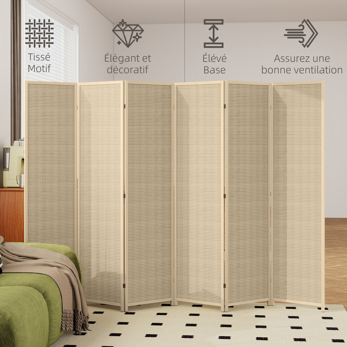 Paravent en bois séparateur de pièce closion de séparation pliable 6 panneaux 270 x 180 cm bois naturel