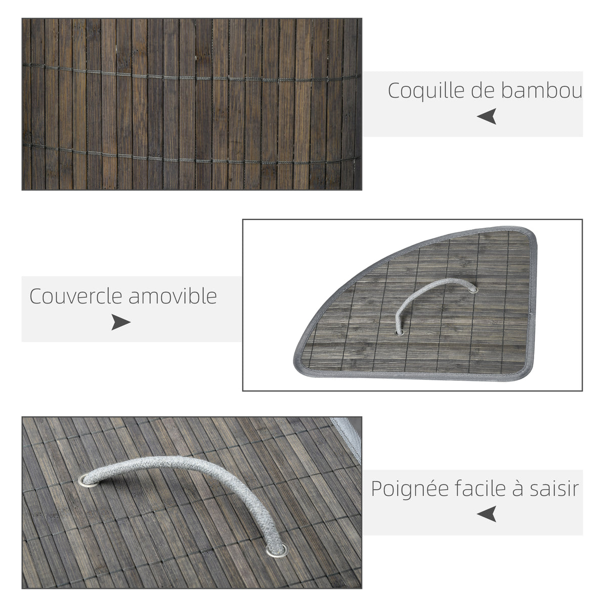Panier à linge en bambou d'angle 55L avec couvercle et sac amovible 38 x 38 x 57 cm gris