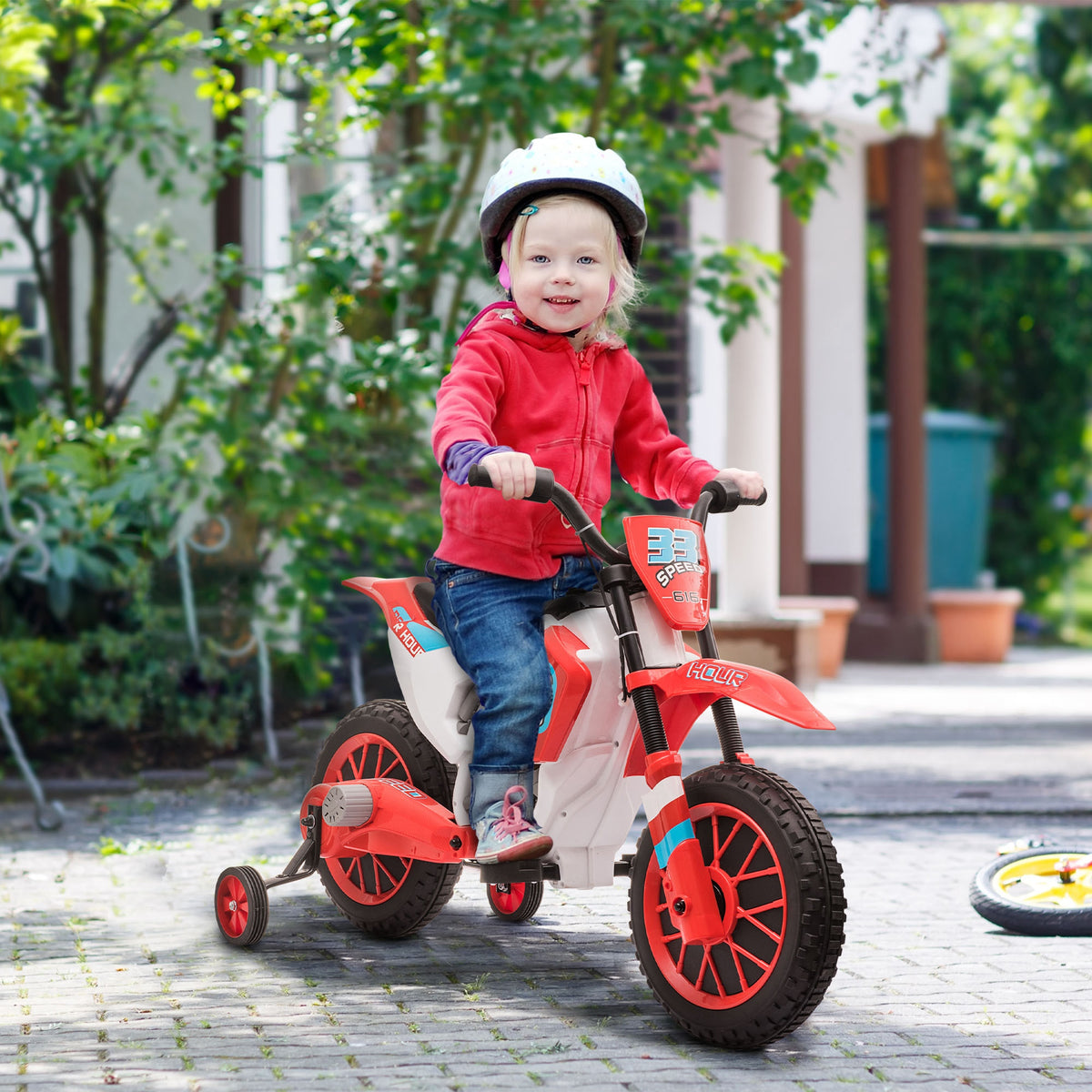 Moto Cross électrique Enfant 3 à 6 Ans 12 V 3-8 Km/h avec roulettes latérales Amovibles 106,5x51,5x68cm Rouge