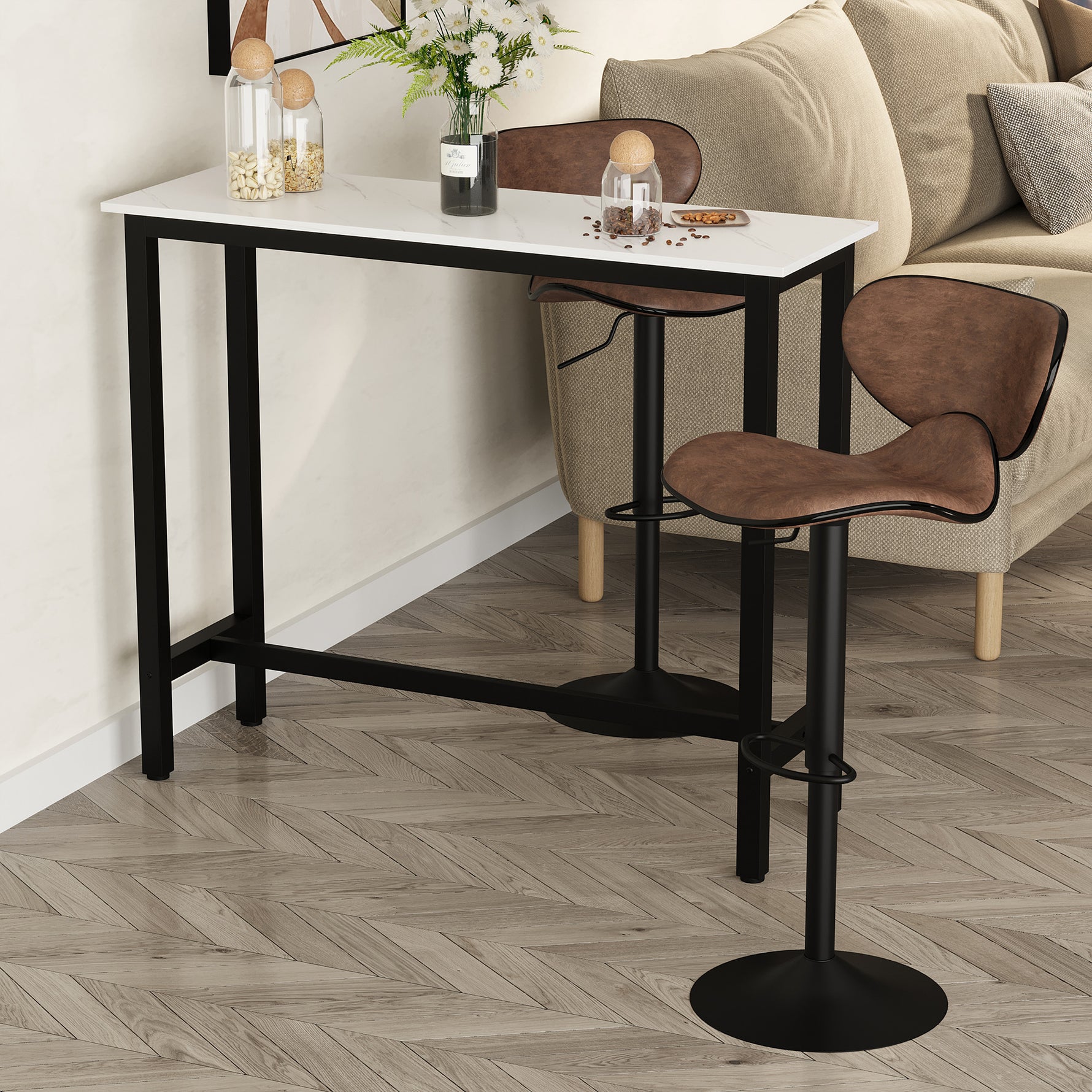 Table de Bar Table Haute de Cuisine Mange-debout - dim. 120L x 40l x 100H cm - châssis piètement Acier, Plateau Aspect marbre Blanc