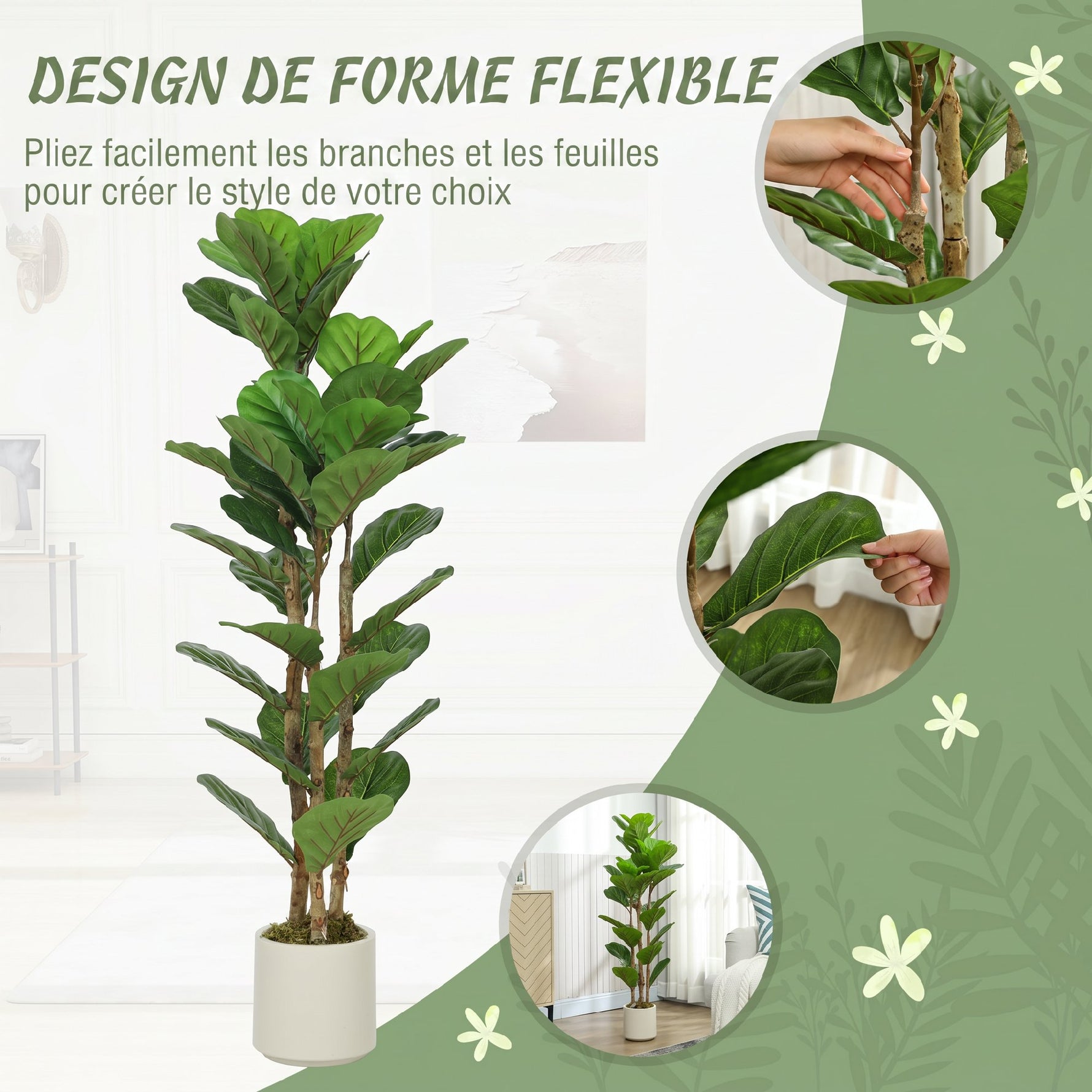 Lot de 2 plantes artificielles 120 cm Figuier lyre arbre artificiel avec pot en plastique et tronc en bois massif, vert
