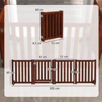 Barrière de sécurité chien pliable double face en bois, 4 panneaux avec porte, pieds de support, 205 x 60 cm, marron