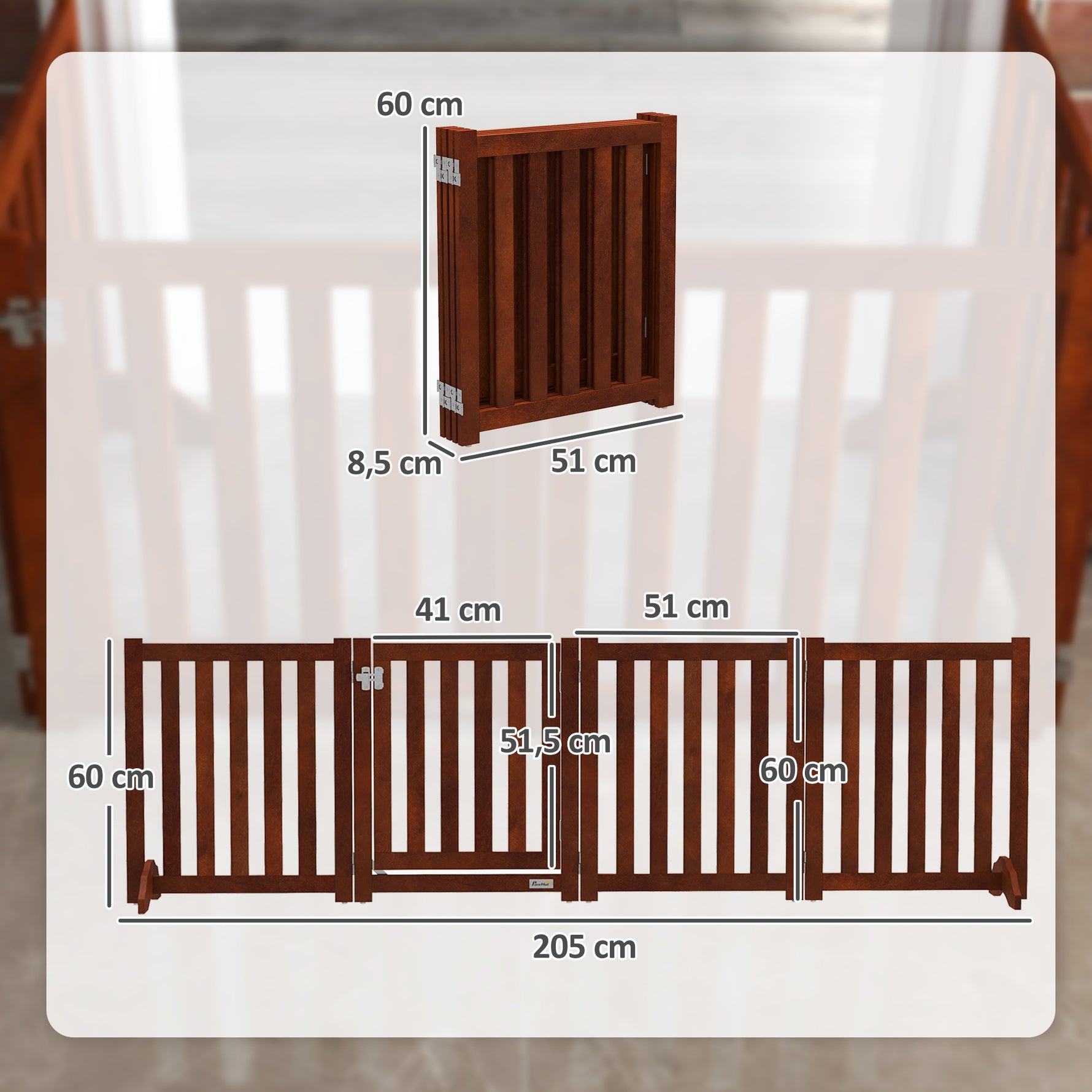 Barrière de sécurité chien pliable double face en bois, 4 panneaux avec porte, pieds de support, 205 x 60 cm, marron