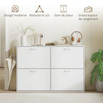 Armoire à Chaussures Meuble à Chaussures Grande Taille dim. 120L x 24l x 81H cm 4 Portes abattantes Double Niveau en Bois Blanc
