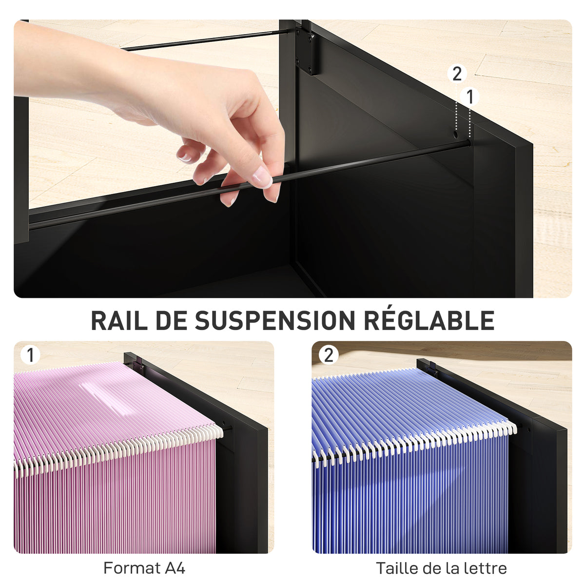 Caisson bureau, meuble rangement bois 2 tiroirs et serrure, barres de suspension réglables, 40 x 40 x 71 cm, noir