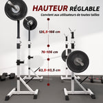 Verstelbaar Stalen Squat Rack, belastbaarheid 200 kg, houder voor 3 halterstangen met haken, 58,5x75,5x136-176 cm, zilver