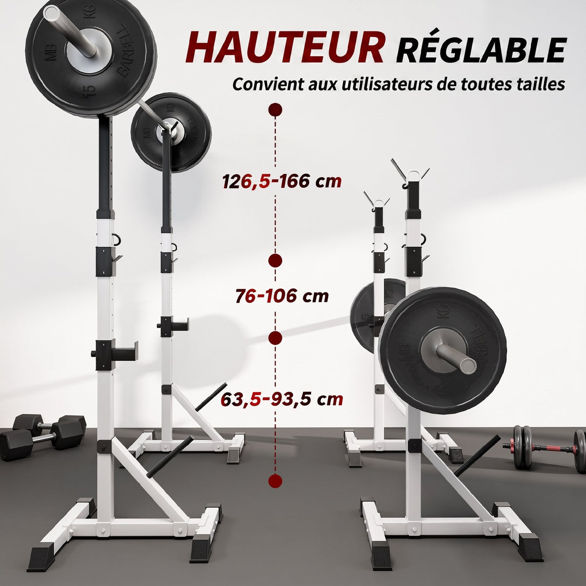 Verstelbaar Stalen Squat Rack, belastbaarheid 200 kg, houder voor 3 halterstangen met haken, 58,5x75,5x136-176 cm, zilver