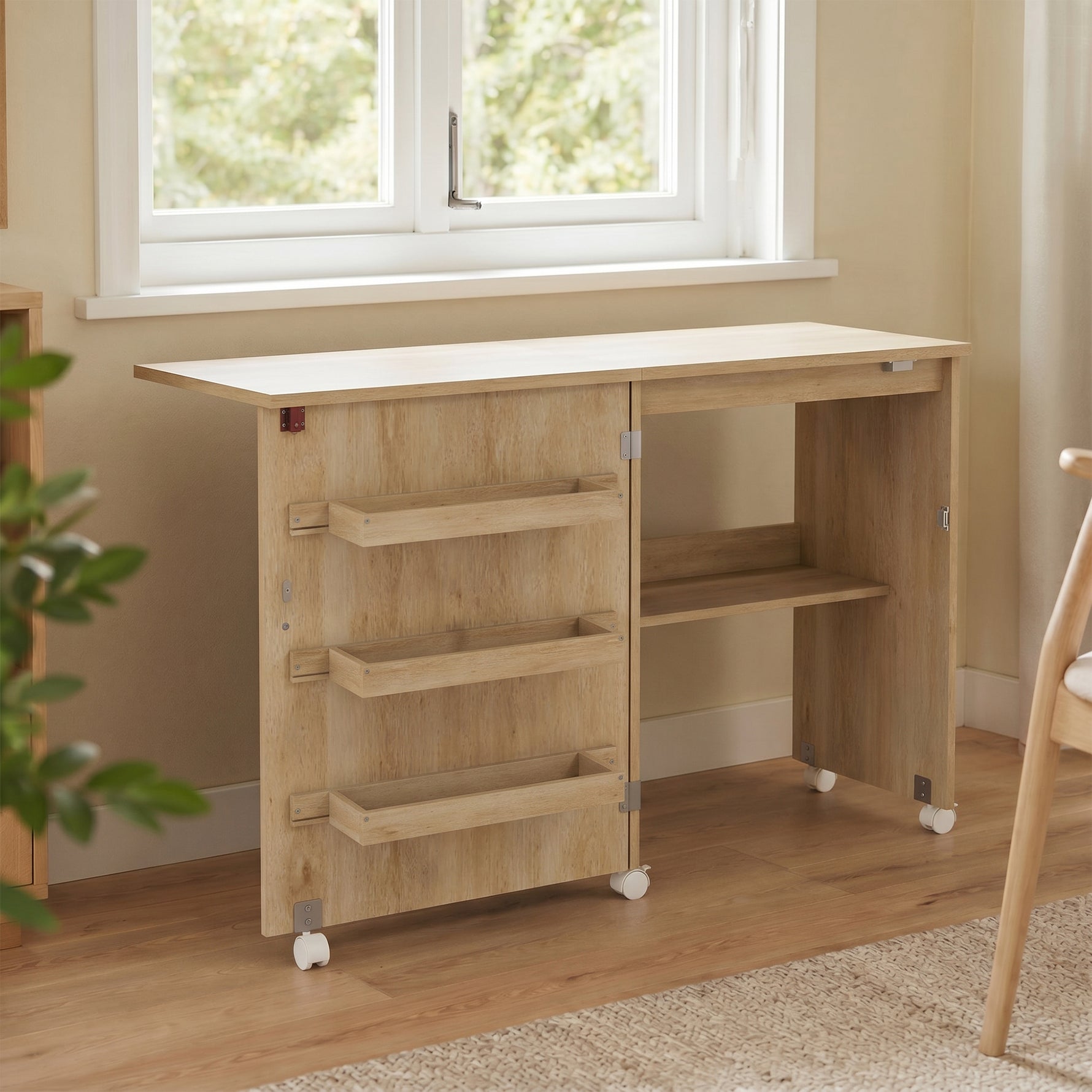 Table de couture pliante meuble couture à abattant avec bacs de rangement, étagère ouverte et roulettes, bois naturel