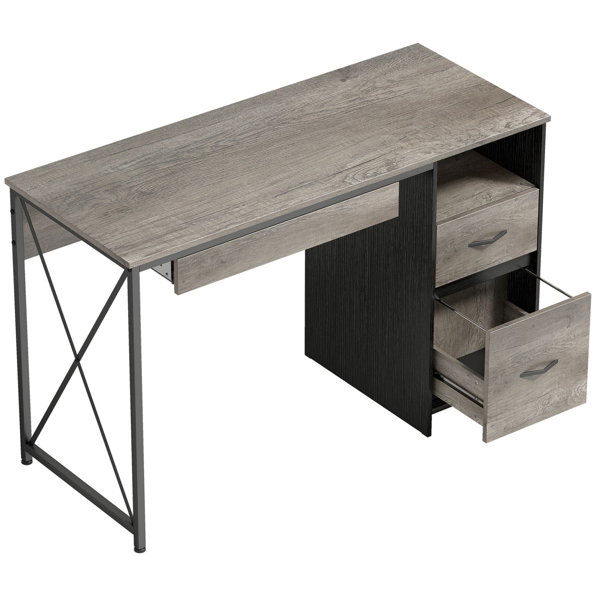 Bureau d'ordinateur, 120×50cm, bureau avec rangement, plateau clavier, compartiment ouvert et 2 tiroirs, gris