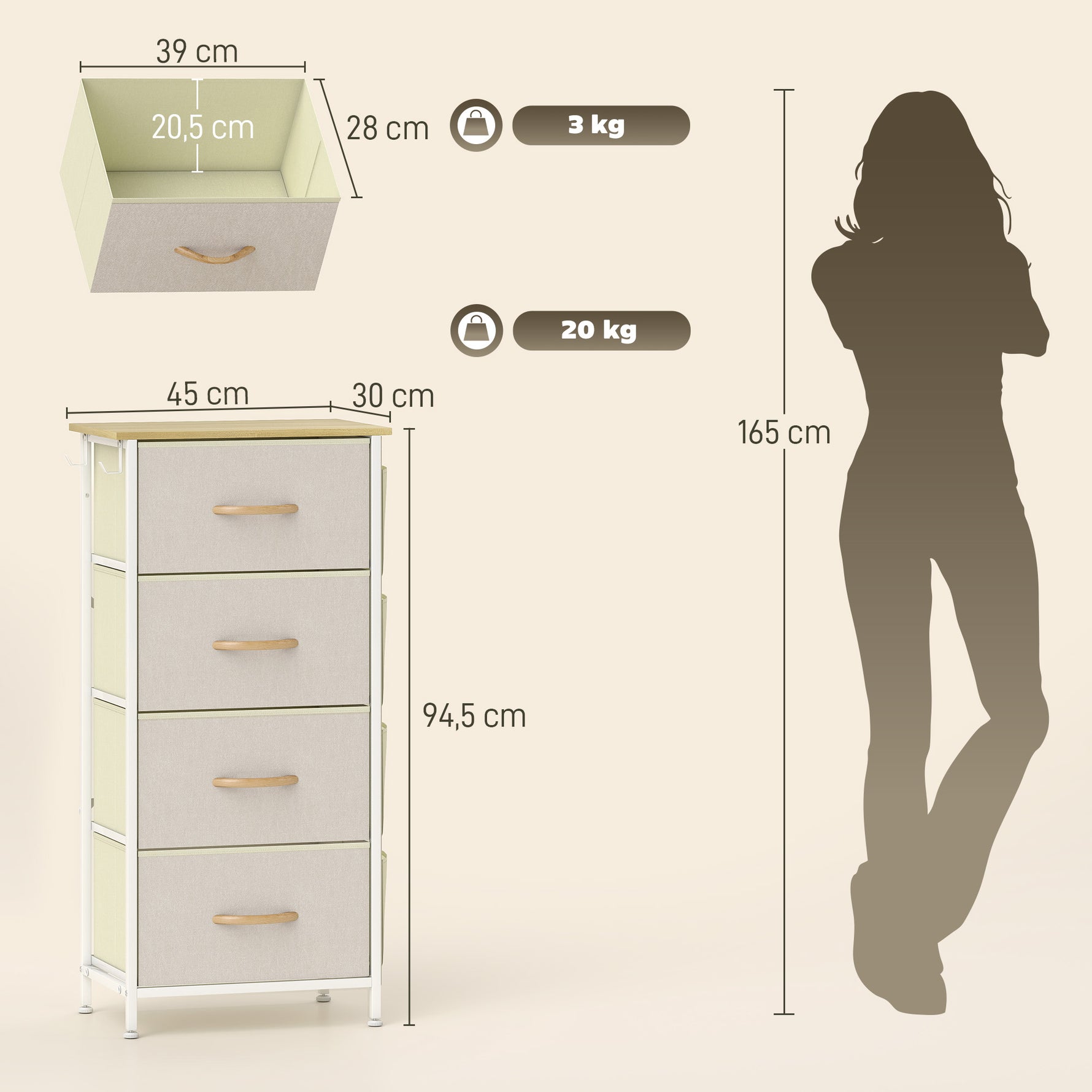 Commode 4 tiroirs en tissu, meuble de rangement avec 4 poches, 2 crochets, structure en acier, 45 x 30 x 94,5 cm, beige