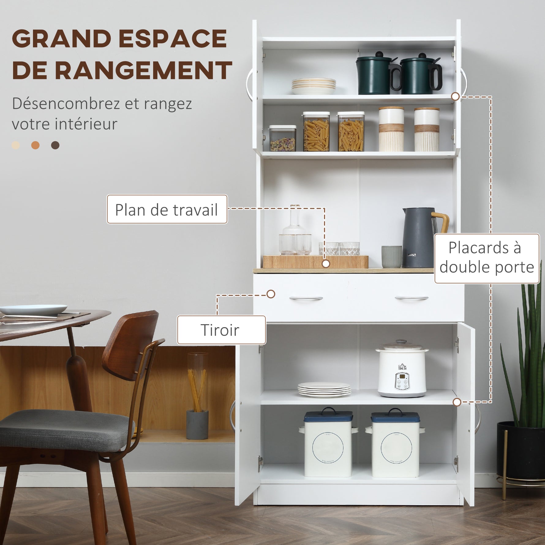 Buffet haut cuisine, armoire de cuisine, 4 portes, tiroir, plan de travail et étagères réglables, 80x40x180cm, blanc