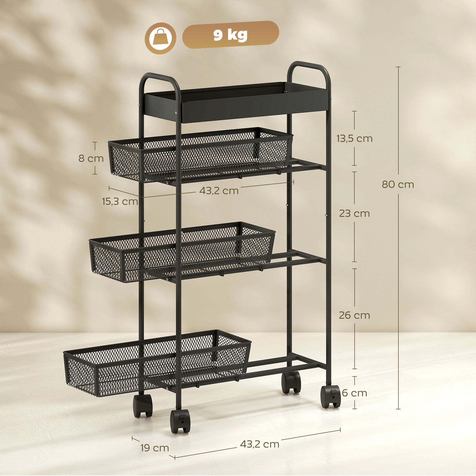 Chariot de rangement à 4 niveaux, desserte à roulettes, 3 paniers coulissants, panier supérieur 19 x 43,2 x 80 cm noir
