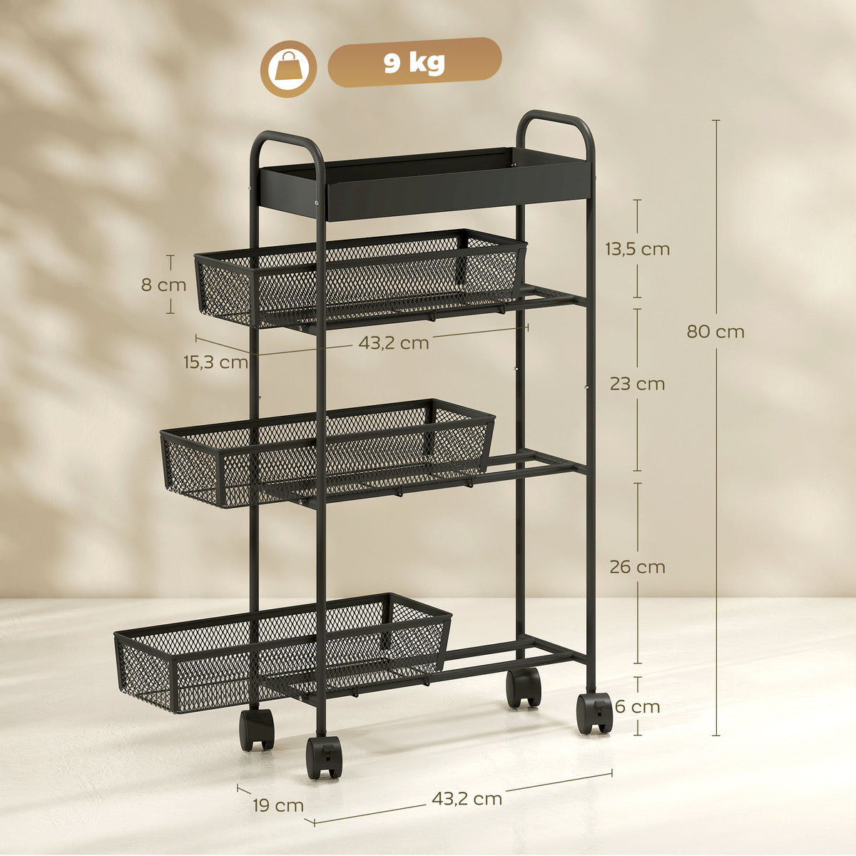 4-stufiger Servierwagen, Rollwagen, 3 ausziehbare Körbe, oberer Korb 19 x 43,2 x 80 cm, schwarz