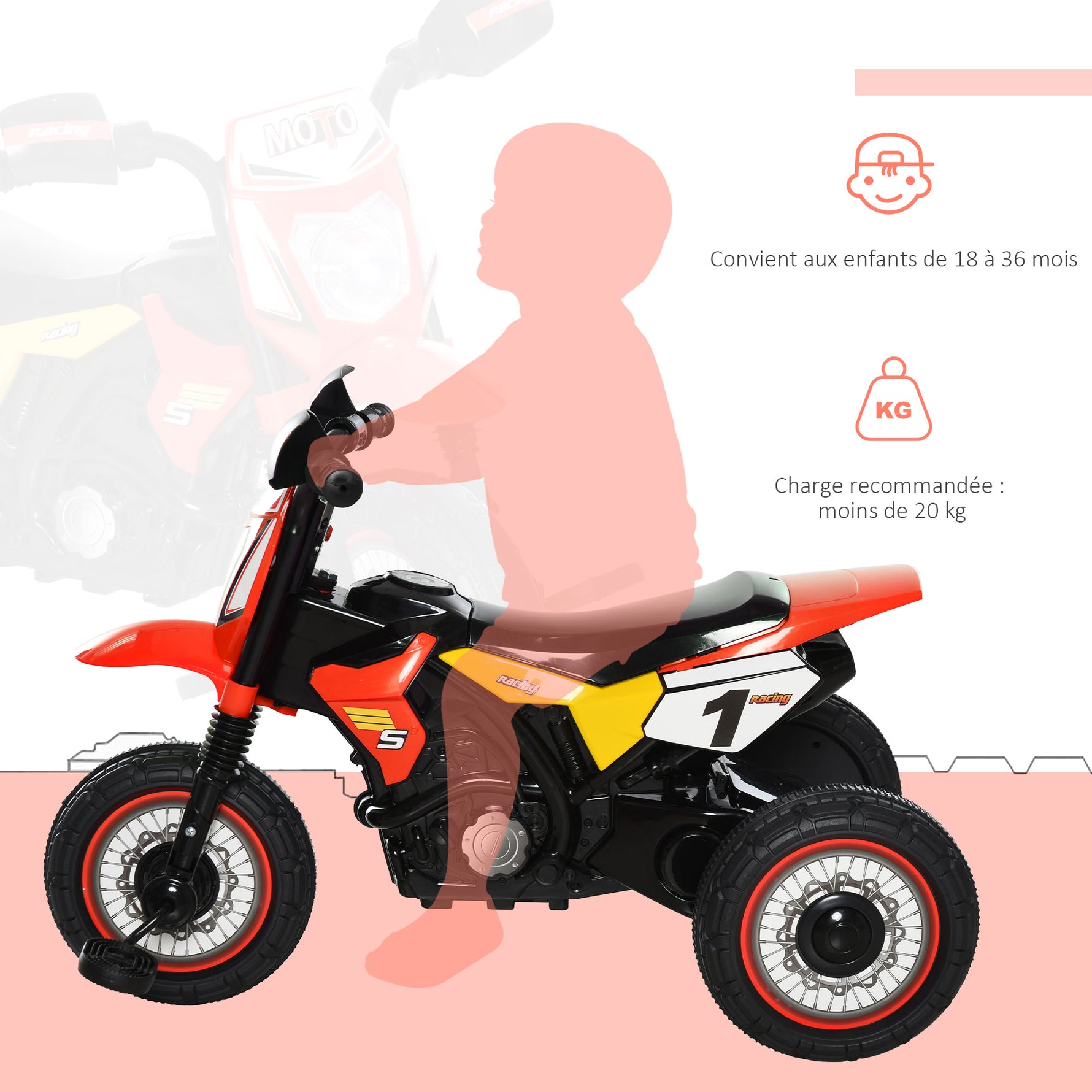 Tricycle Enfants Moto Cross Effets musicaux et Lumineux Coffre Rangement Rouge