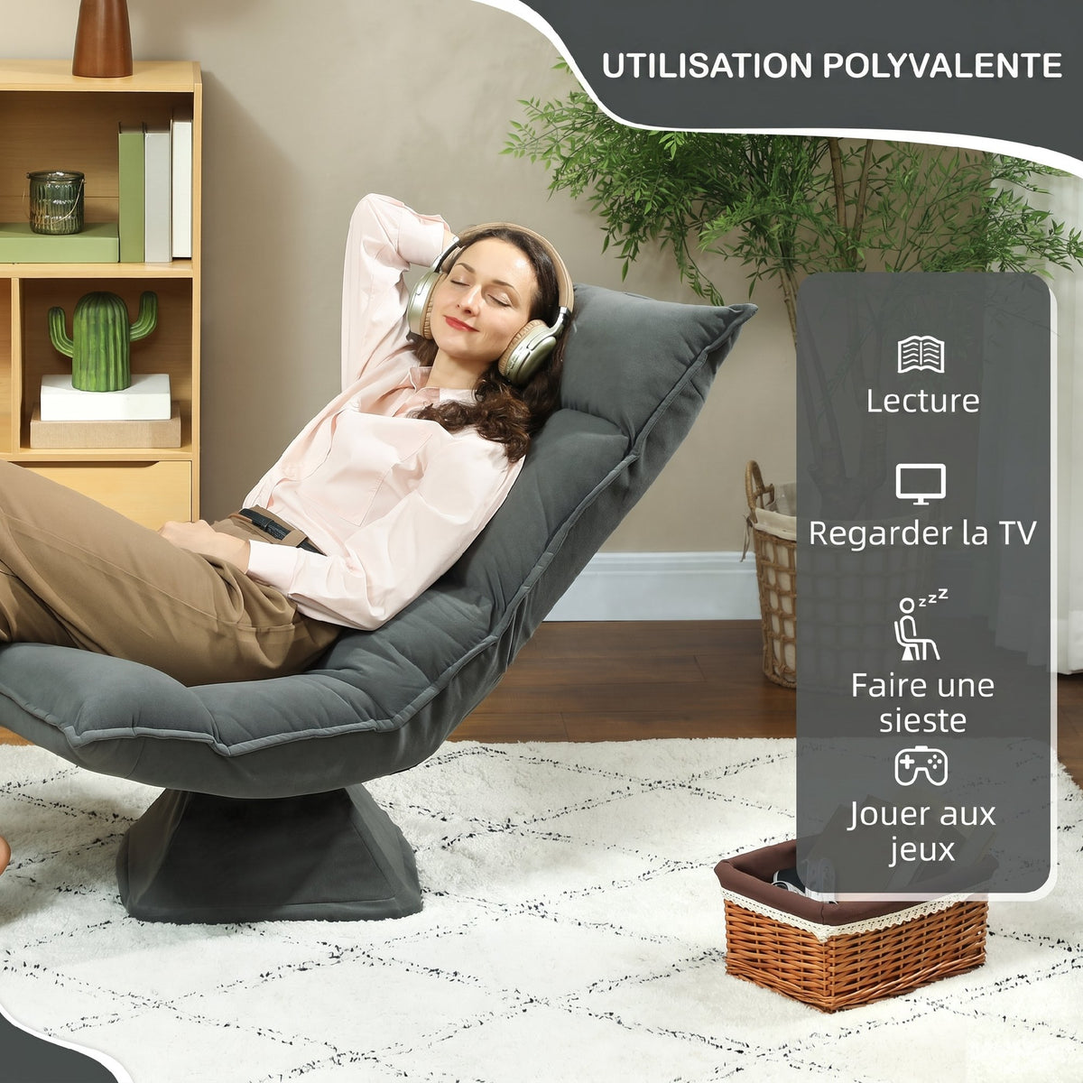 360° swivel floor chair, foldable velvet armchair with 5-position adjustable backrest, 70x62x95cm, dark gray