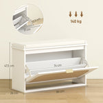 Banc à chaussures, banc de rangement, assise rembourrée, tiroir rabattable, porte en rotin, 80 x 26 x 47,5 cm, blanc