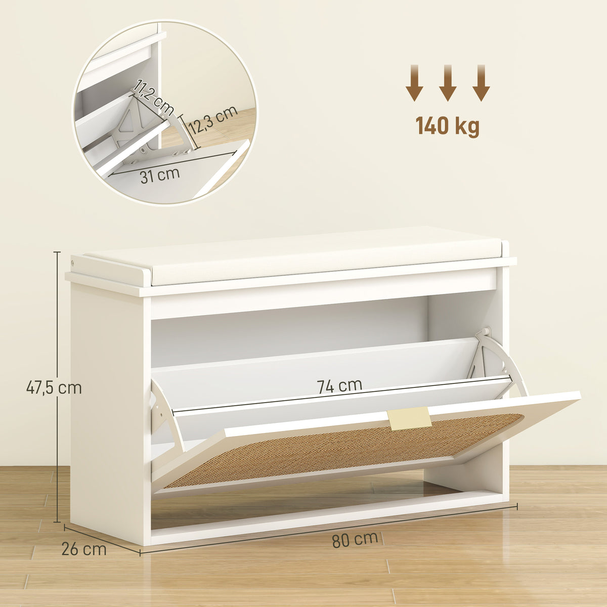 Banc à chaussures, banc de rangement, assise rembourrée, tiroir rabattable, porte en rotin, 80 x 26 x 47,5 cm, blanc