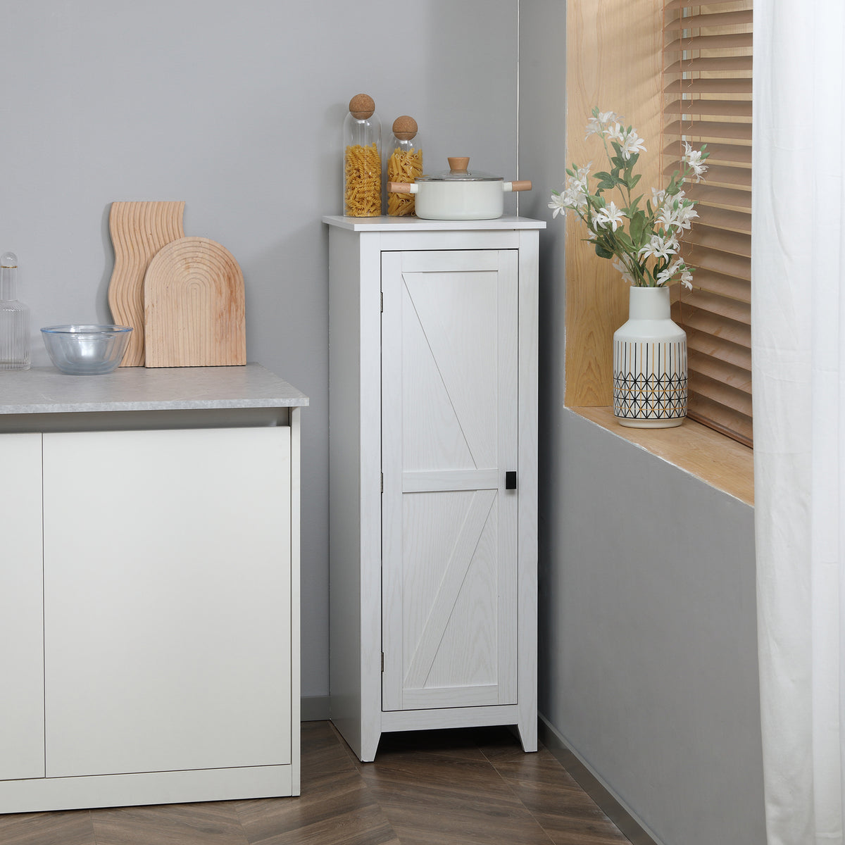 Armadietto da appoggio credenza cucina mobiletto multiuso per bagno salvaspazio stile classico con 2 ripiani regolabili - Altezza 120 cm in legno bianco