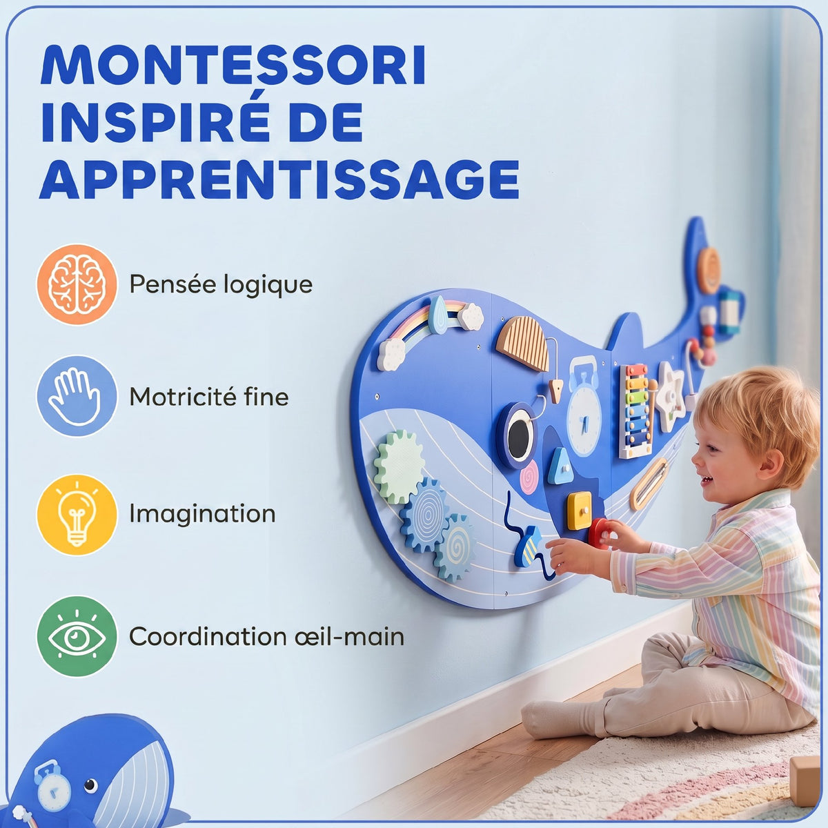 Busy Board Jouet, Tableau d'Activités Murale Baleine, Planche Motricité Bébé Educatif pour Garcon Fille dès 2 Ans, Bleu
