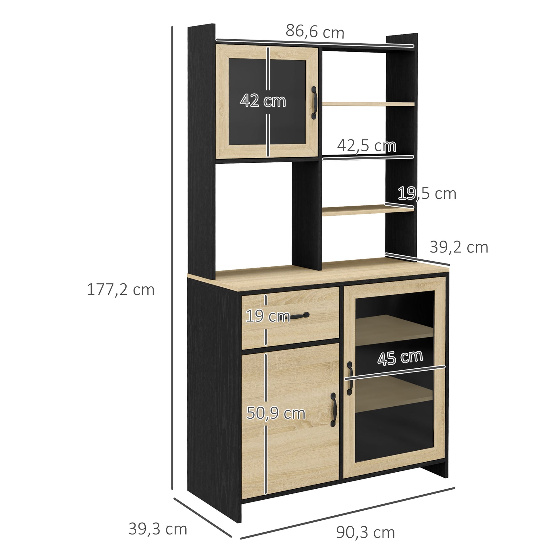 Armoire de cuisine buffet haut avec 1 tiroir 3 placards étagères 2 portes vitrées 90 x 39 x 177 cm noir naturel