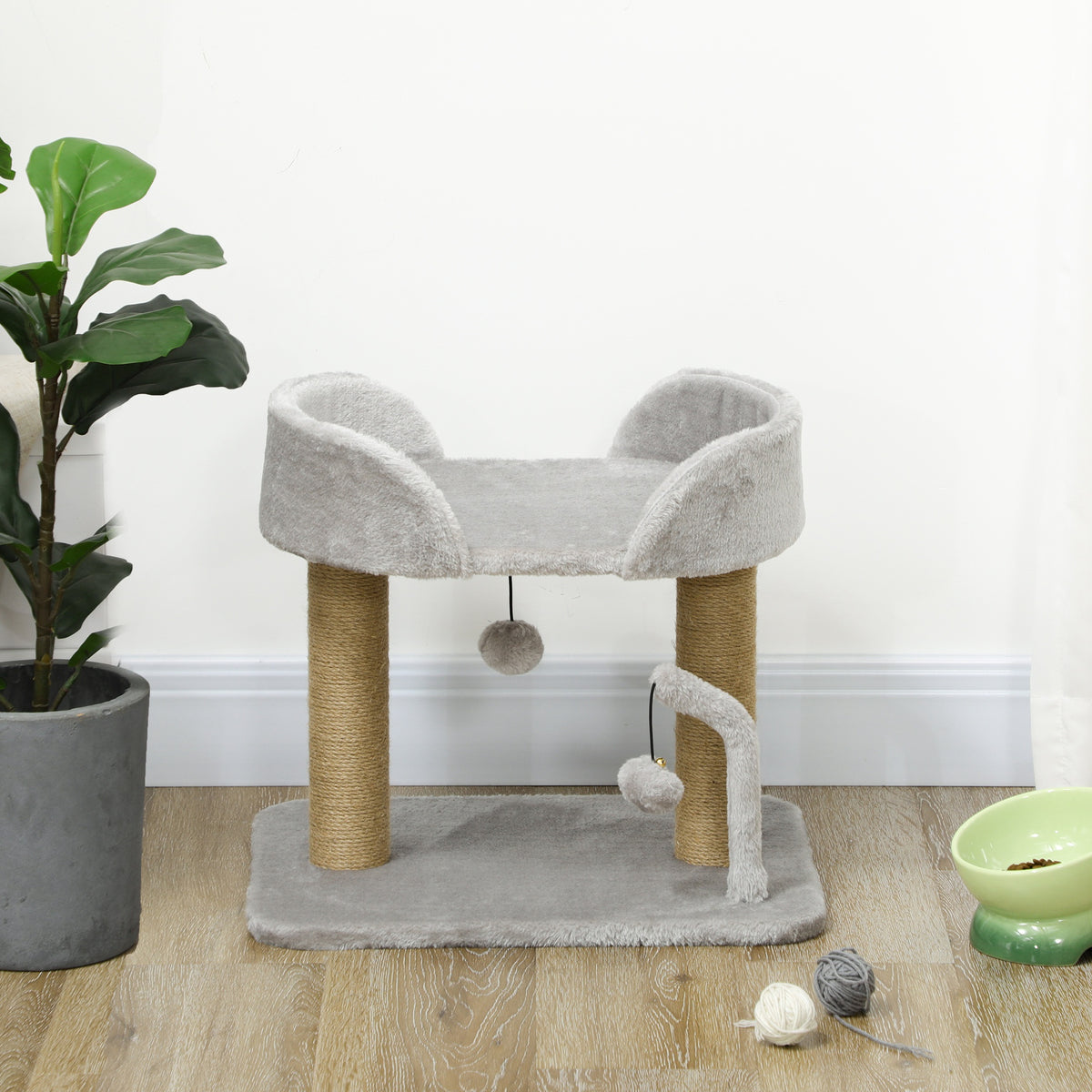 Designer cat scratching tree with 2 hanging pom-pom toys, 2 jute-covered posts, plush platform, jute, 48 x 38 x 42 cm, grey