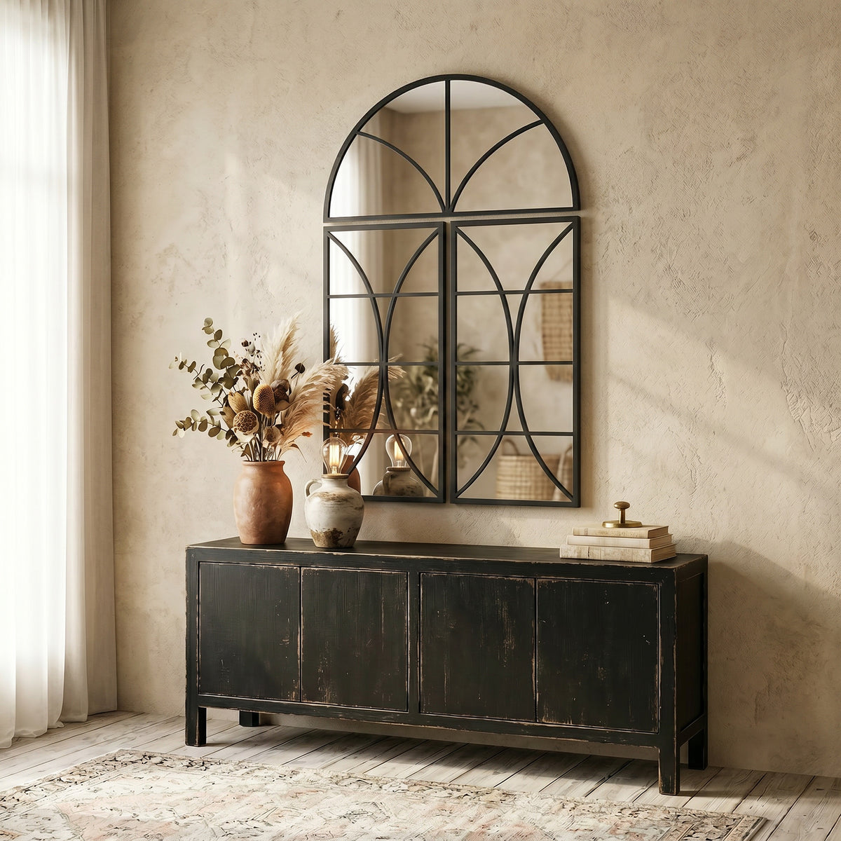 Miroir mural arqué 80 x 120 cm, lot de 3 pièces, miroir verrière en forme de fenêtre, verre trempé et métal, noir