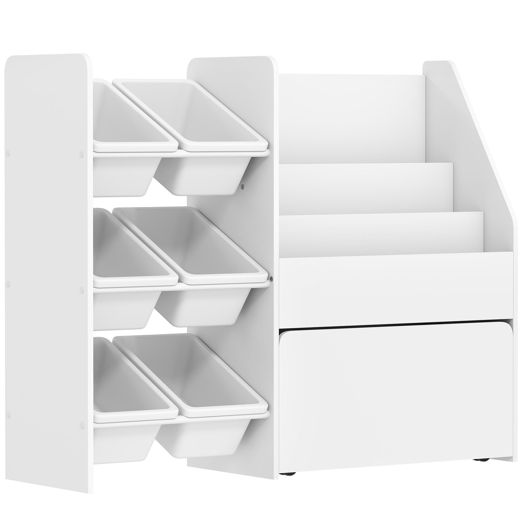 Meuble rangement enfant rangement jouet enfant 6 bacs amovibles et grand coffre à roulettes 100 x 30 x 80 cm blanc