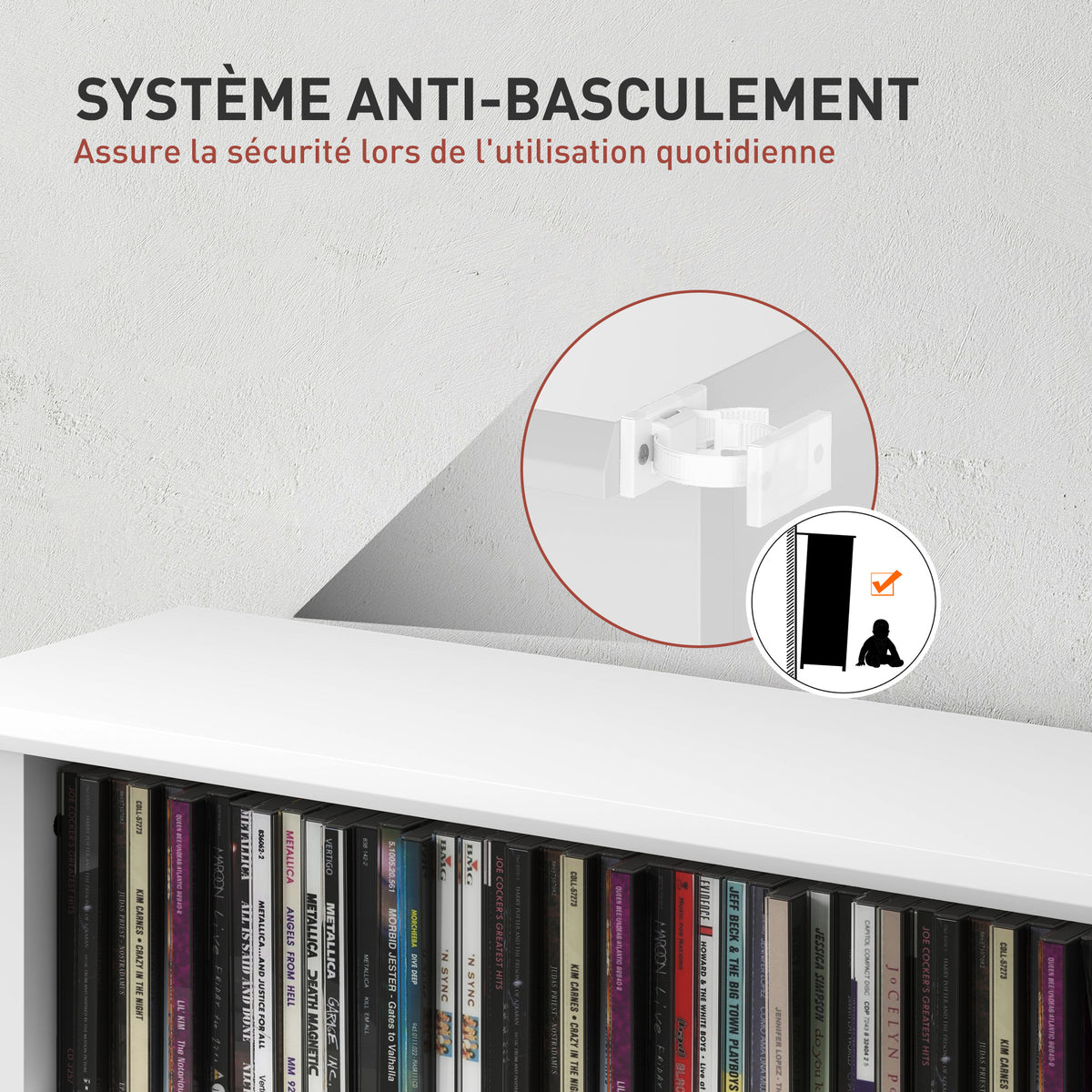 Rangements pour CD et DVD avec 8 compartiments et 6 étagères réglables, capacité max. 360 CD/185 DVD et Blu-ray, blanc