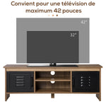 Meuble TV Banc TV 110 cm Design Industriel, avec 2 placards, 2 niches, 2 Passe-Fils, Aspect Bois veinage Portes métal Noir