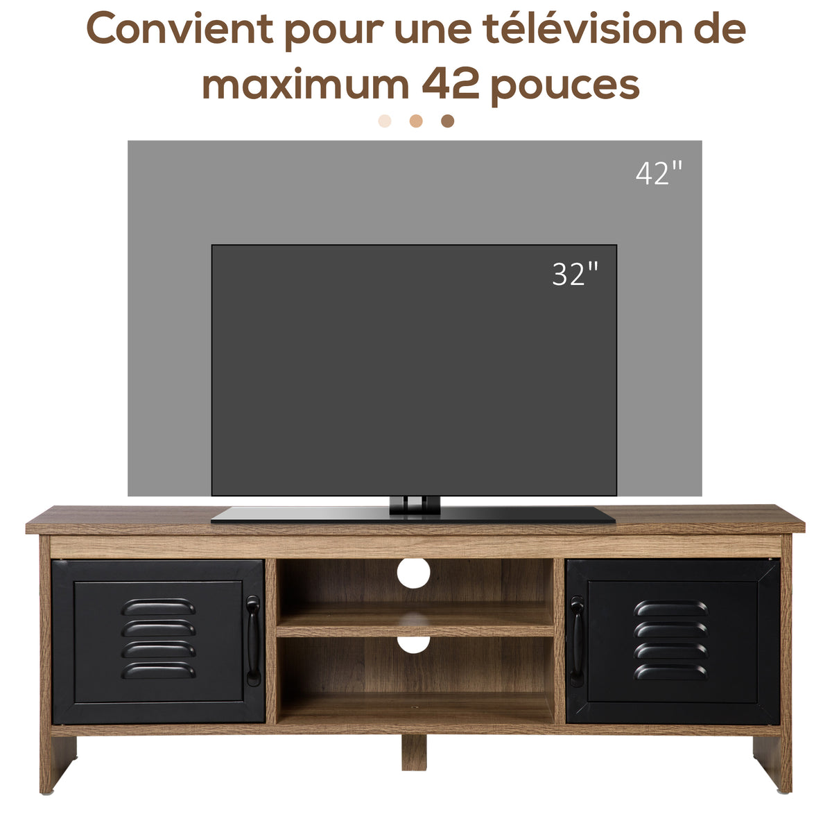 Meuble TV Banc TV 110 cm Design Industriel, avec 2 placards, 2 niches, 2 Passe-Fils, Aspect Bois veinage Portes métal Noir