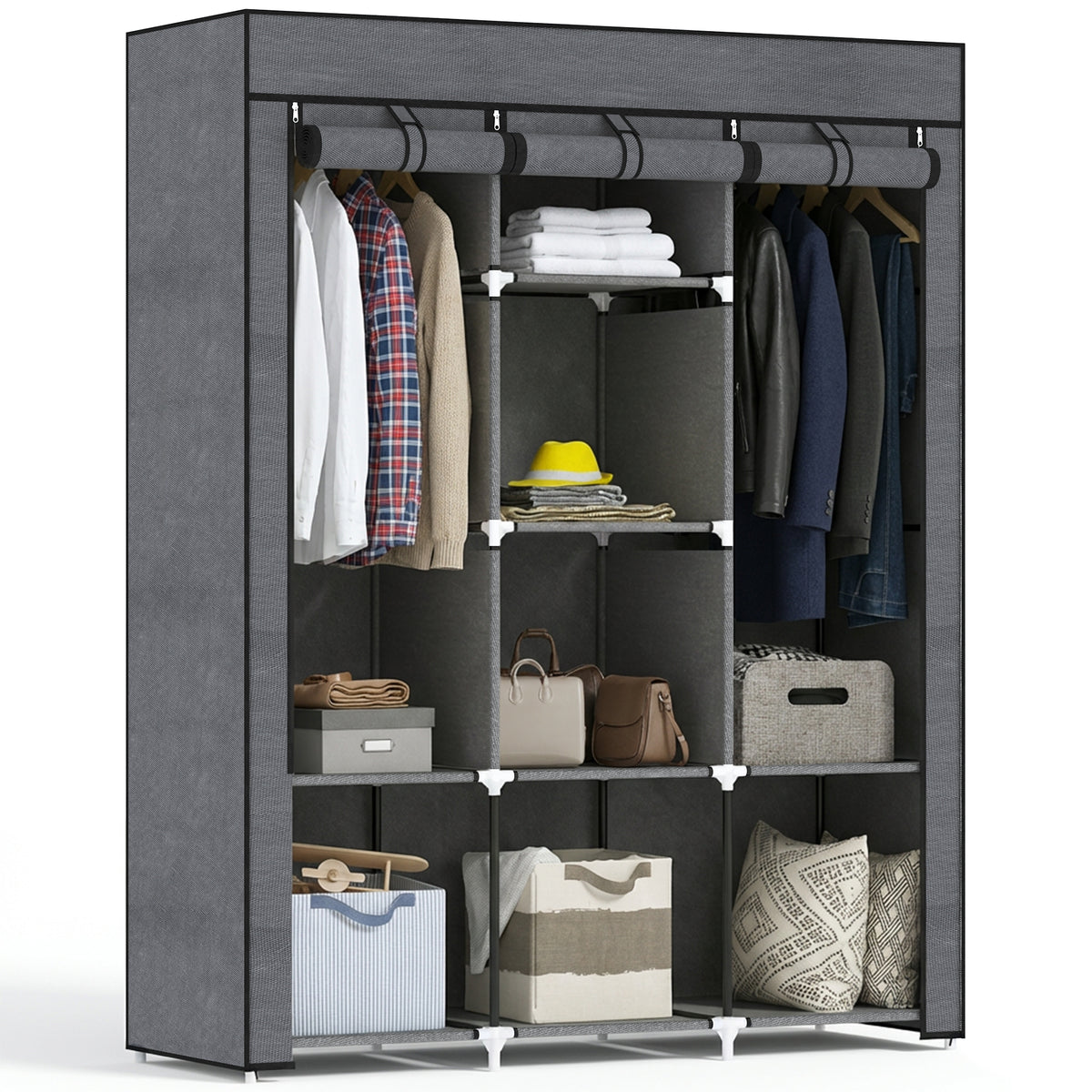 Armoire penderie multi-rangement - 8 étagères, 2 barres - non tissé gris