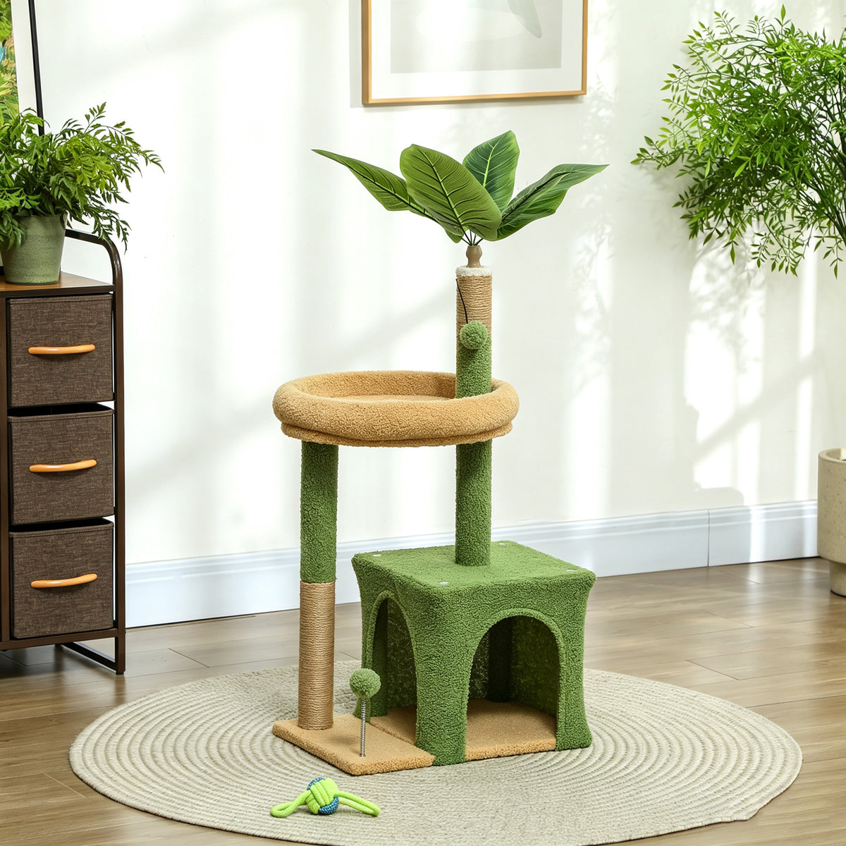 Arbre à chat tour de jeux pour chat avec niche lit griffoirs balles et feuilles artificielles 44 x 30 x 98 cm vert