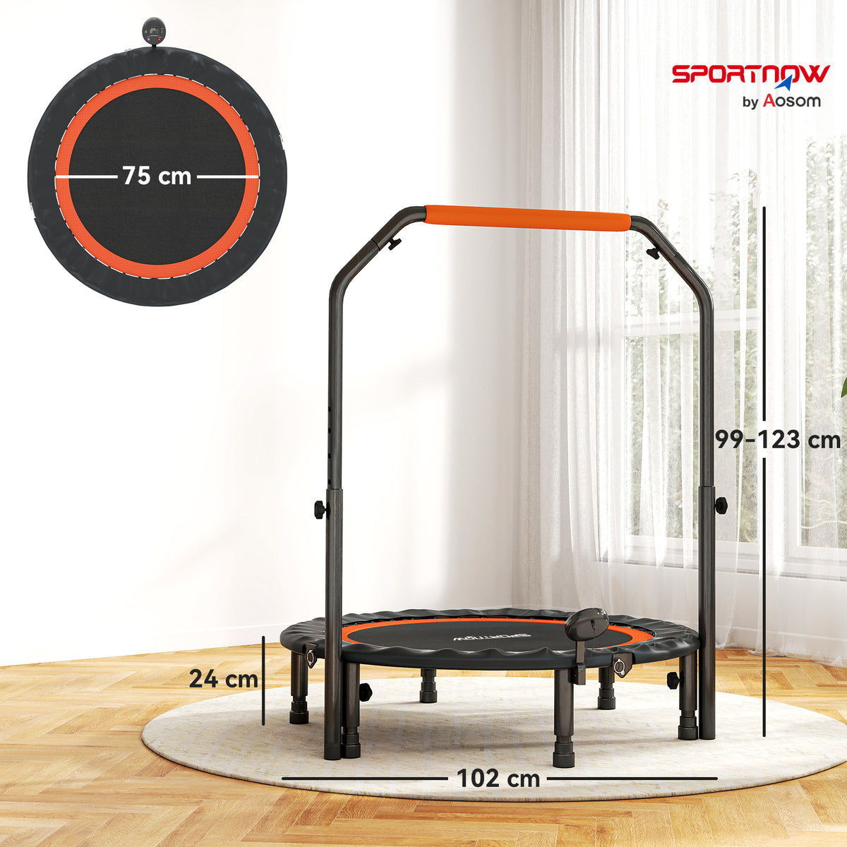 Trampoline de fitness gymnastique avec poignée réglable, pliable, 6 pieds, 28 ressorts Ø 102 cm, noir rouge