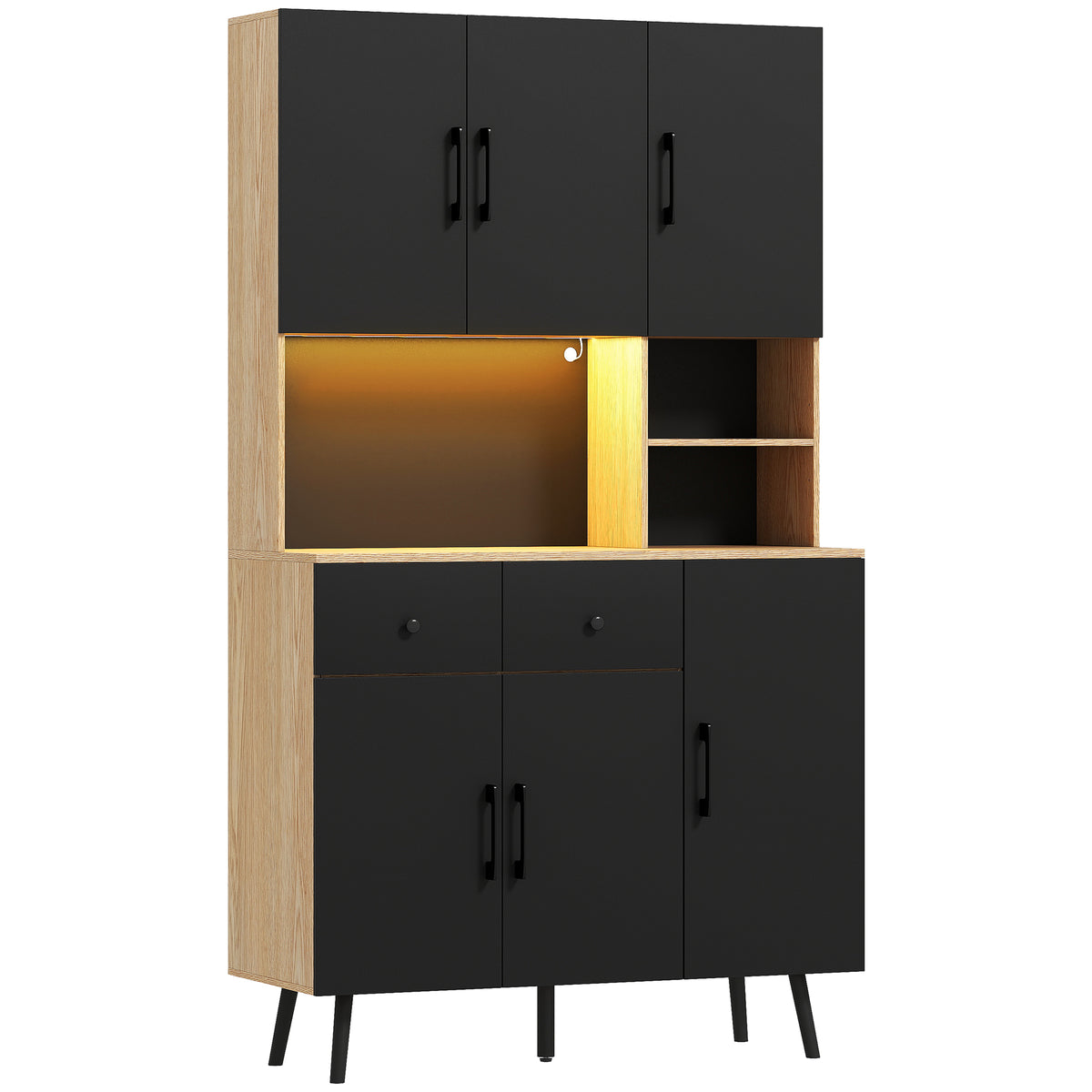 Credenza da cucina mobile dispensa alto con luce LED RGB piano di lavoro 6 ante 2 cassetti 100x40x176cm nero