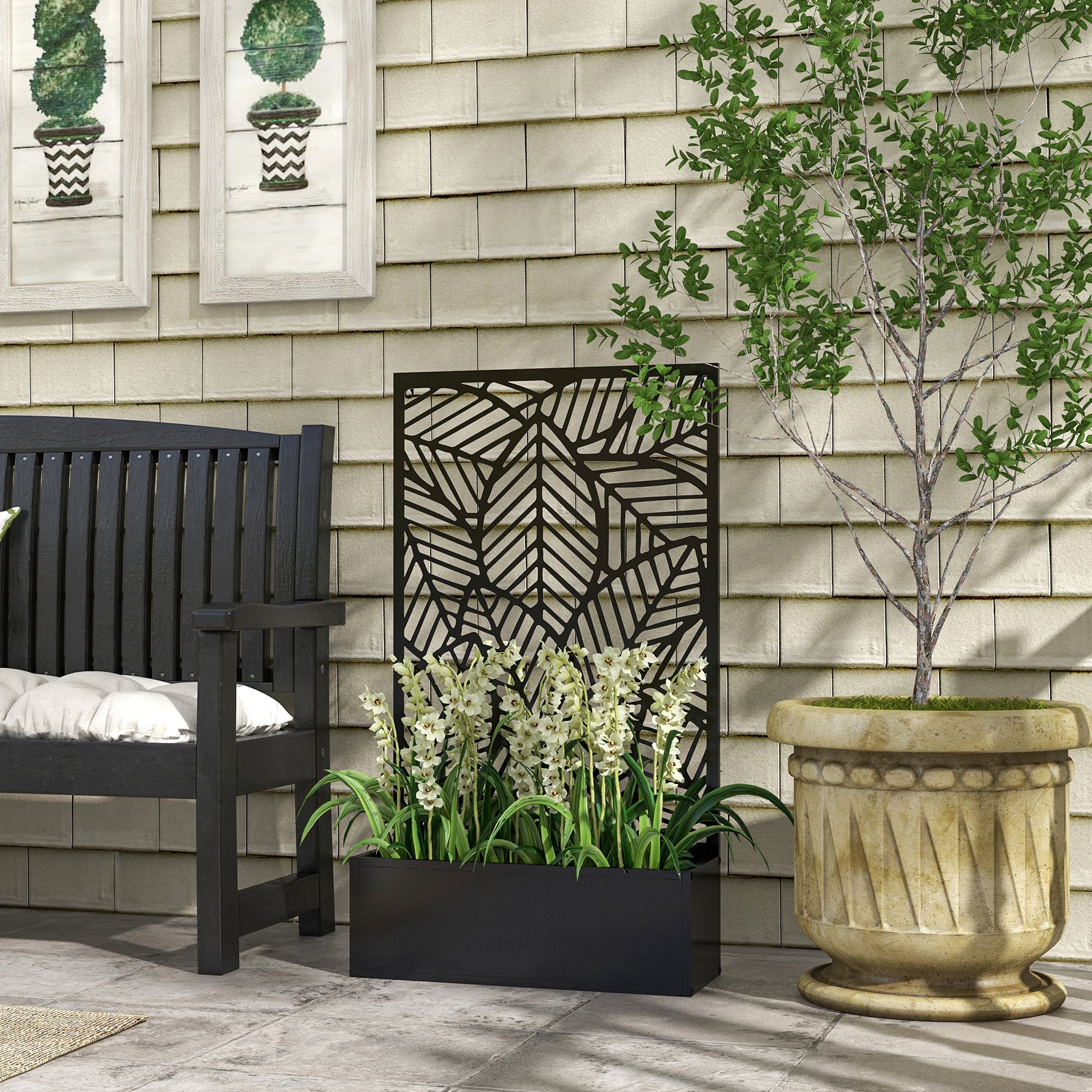 Jardinière avec brise-vue paravent treillis pour Plante Grimpante, bac à Fleurs - dim.  61L x 23l x 113H cm