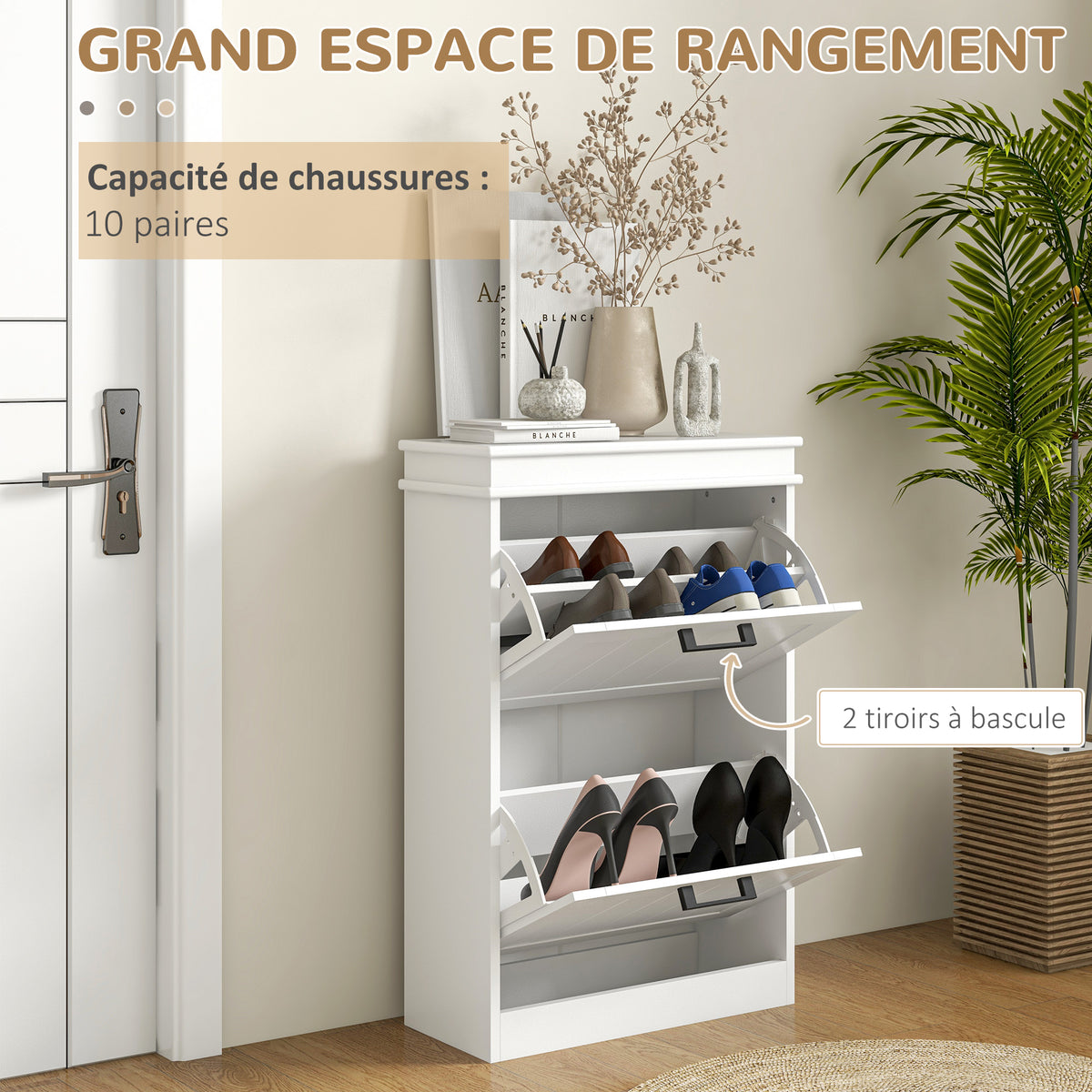 Meuble à chaussures, 2 portes abattants, étagères réglables, pour entrée, couloir, 54 x 24 x 82,5 cm, blanc