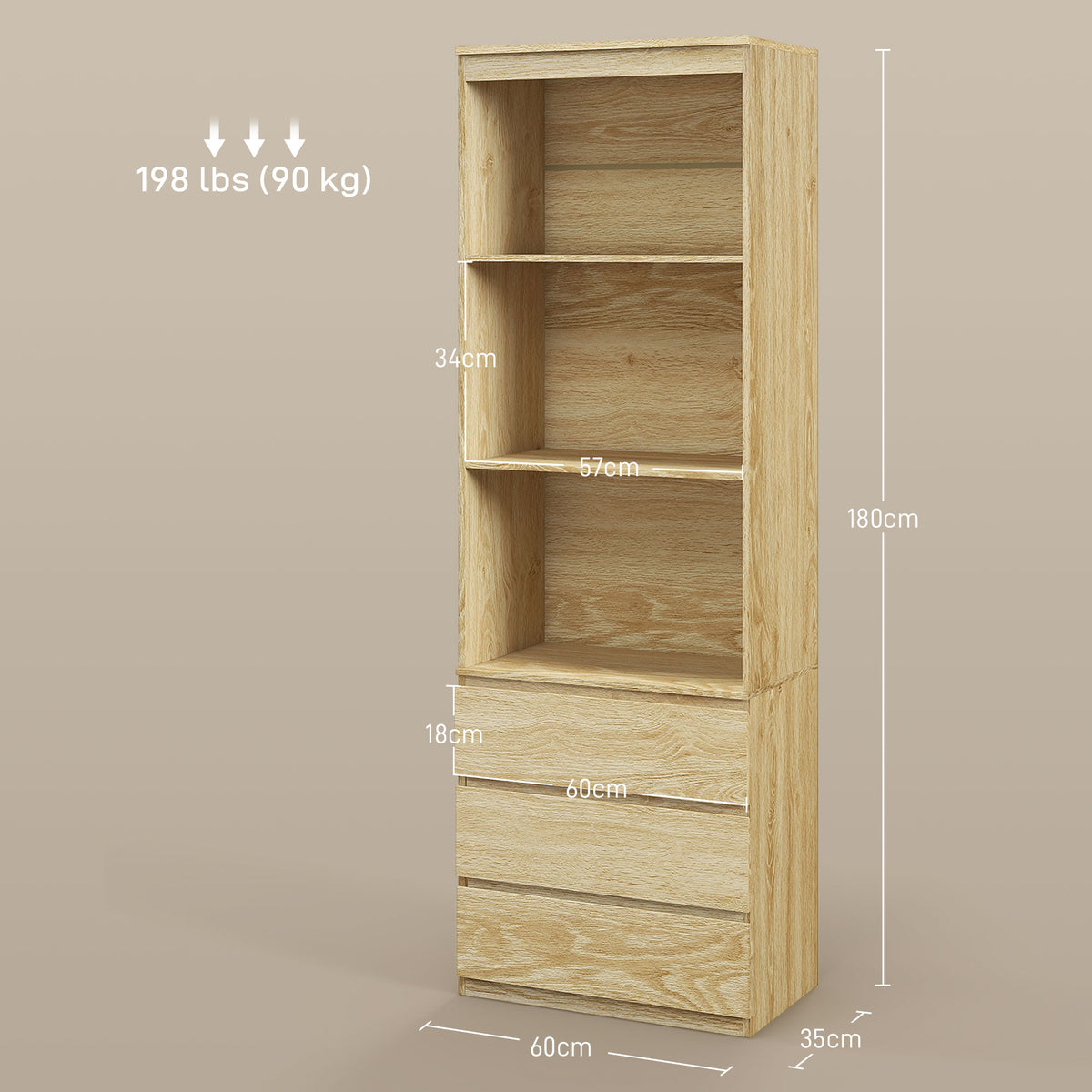 Bibliothèque haute de 180 cm avec 3 étagères et 3 tiroirs dim. 60L x 35l x 180H cm Panneaux Particules effet bois